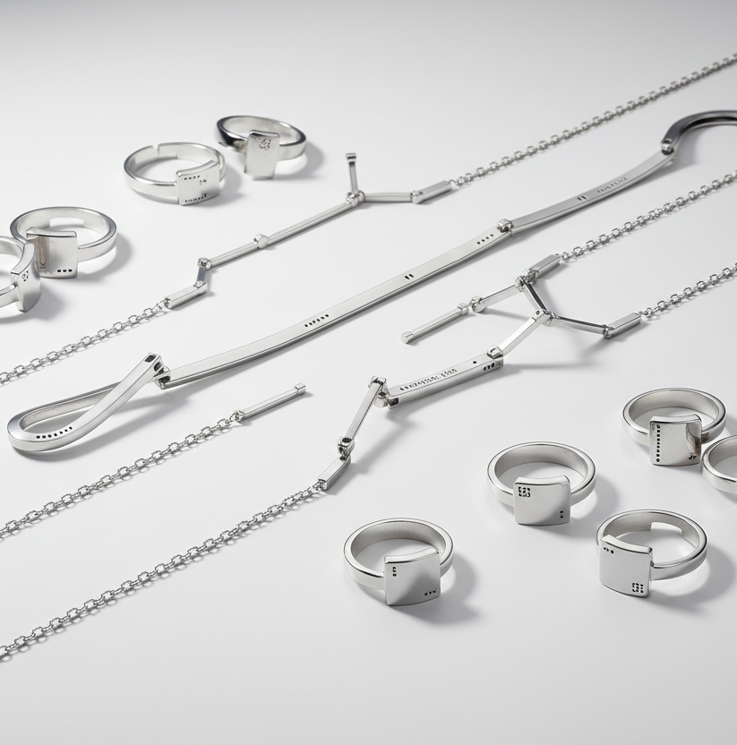 joyería minimalista y futurista: collares y anillos de plata 925 sobre fondo blanco suave, iluminación tenue y elegante, sombras delicadas, estilo limpio y moderno. Las piezas tienen líneas geométricas, acabado espejo y detalles finos. Estética premium, composición ordenada tipo catálogo, enfoque nítido, look sofisticado y atemporal.