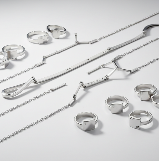 joyería minimalista y futurista: collares y anillos de plata 925 sobre fondo blanco suave, iluminación tenue y elegante, sombras delicadas, estilo limpio y moderno. Las piezas tienen líneas geométricas, acabado espejo y detalles finos. Estética premium, composición ordenada tipo catálogo, enfoque nítido, look sofisticado y atemporal.